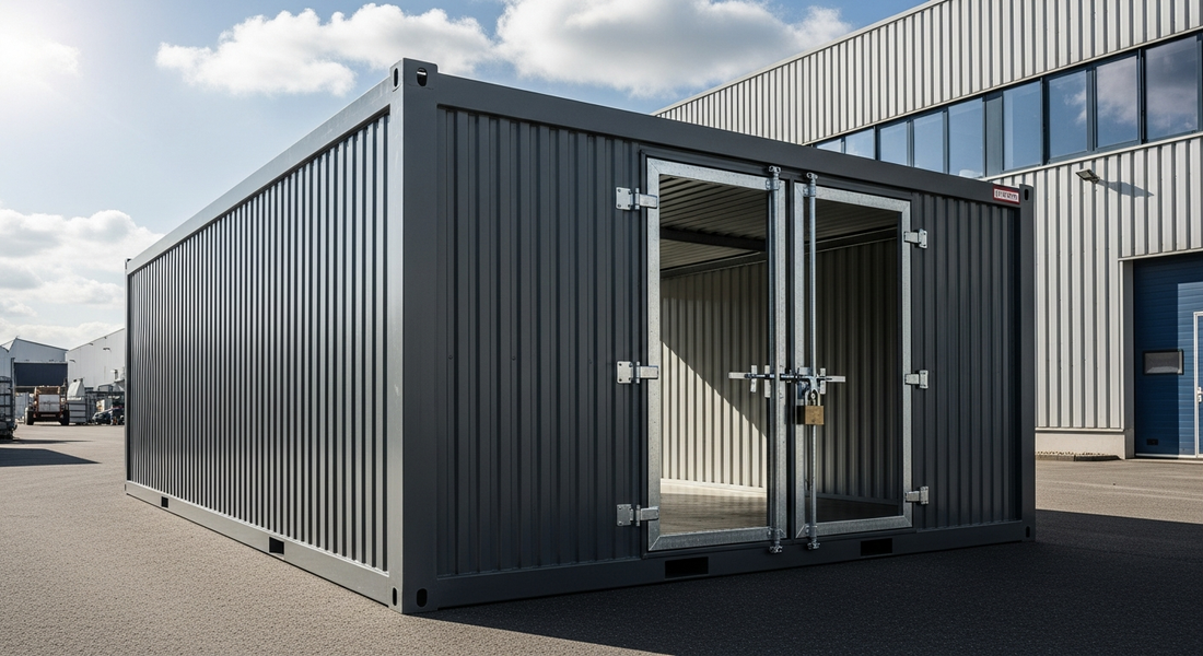 Flat Pack Lagercontainer – sicherer Metallcontainer auf einem Firmengelände