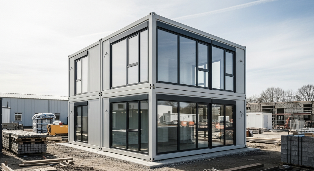 Flat Pack Container kaufen – modernes Bürocontainer-Gebäude auf einer Baustelle
