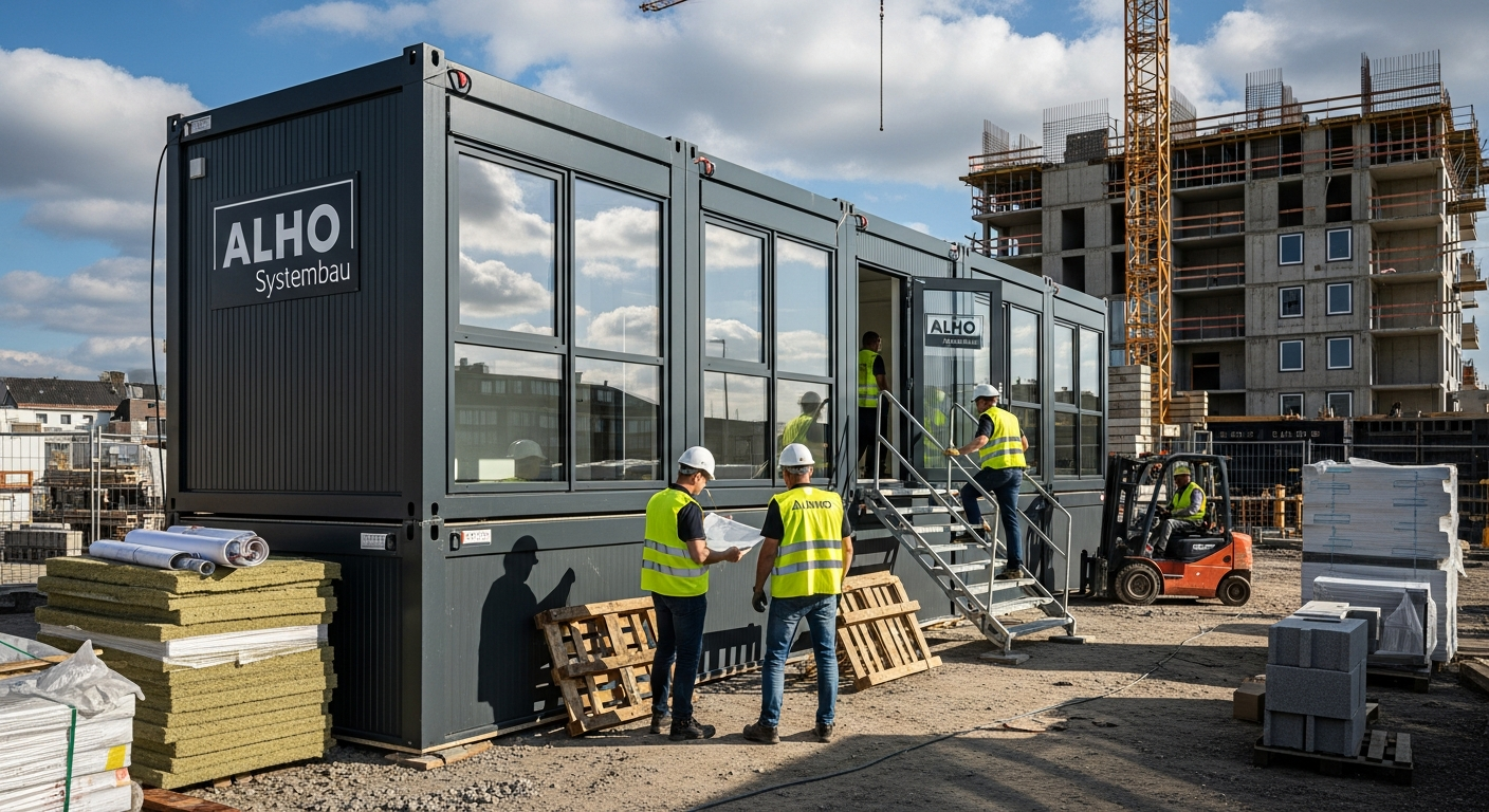 Flat Pack Bürocontainer auf einer Baustelle in Deutschland mit Arbeitern