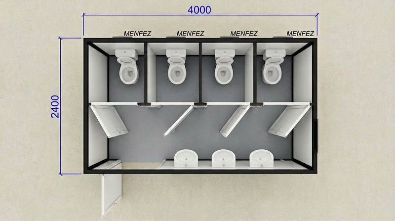 Flat Pack Sanitärcontainer WC & Dusche – Frontansicht